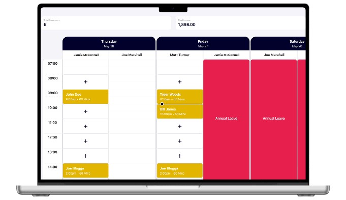 Back9 coaching calendar showing lessons and staff leave