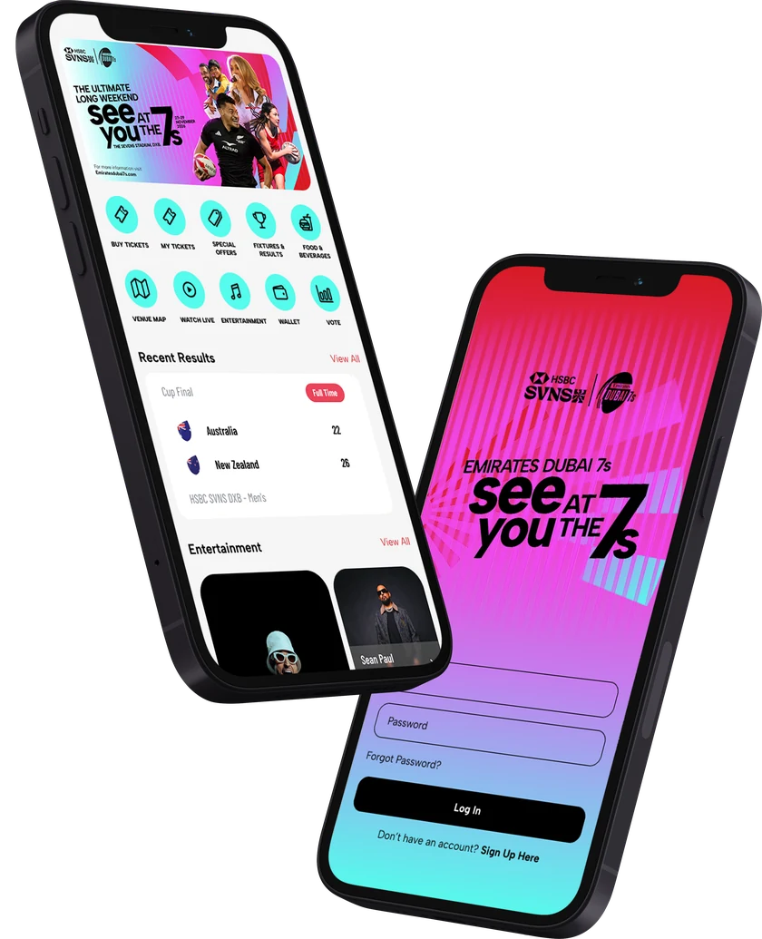 Emirates Dubai 7s app home and login screens on two phones